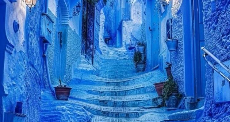Steile smalle trap tussen levendig blauwe muren en bogen in de medina van Chefchaouen