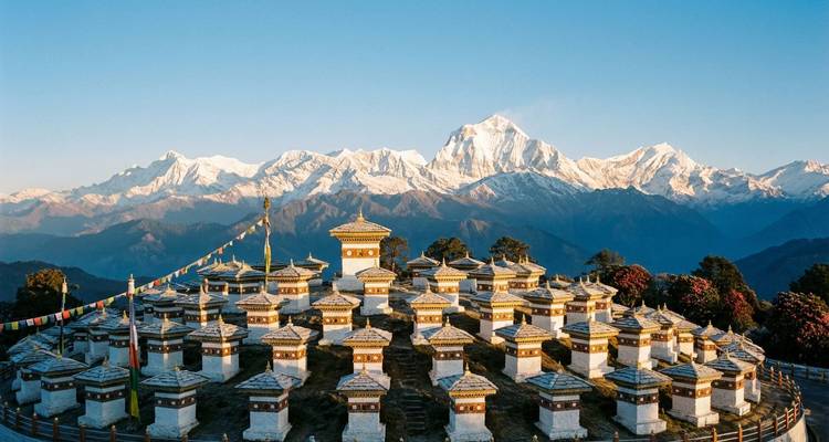 Kreis von weißen Chörtens mit goldenen Spitzen vor einer atemberaubenden, schneebedeckten Himalaya-Kulisse bei Sonnenaufgang.