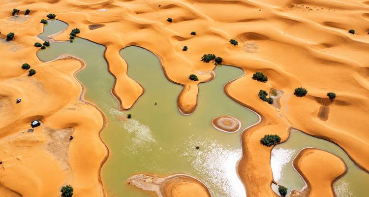 Vista aérea de lagunas esmeraldas serpenteando entre las vividas dunas de arena naranja del Sahara.