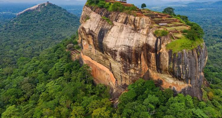Vue aérienne spectaculaire du Rocher du Lion de Sigiriya s'élevant au-dessus de la jungle dense.