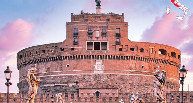 Château Sant'Angelo avec ciel rose et superposition graphique de la carte de l'Italie