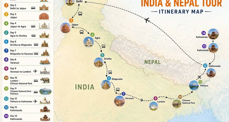 Illustrierte Reiserouten-Karte mit Reiseverlauf durch Indien und Nepal, einschliesslich Symbolen und Tagesangaben.