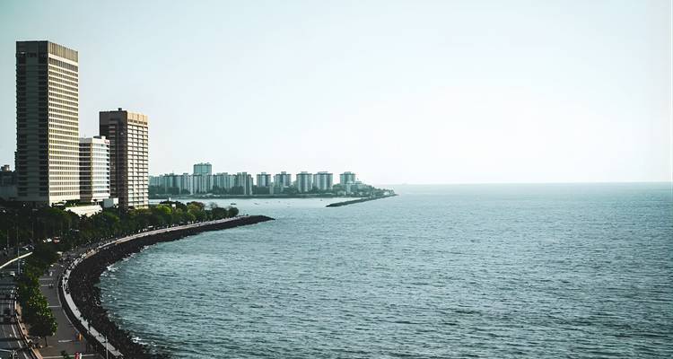 Vista amplia del horizonte de Mumbai cruzando el mar tranquilo con vegetación tropical en primer plano bajo un cielo azul despejado.