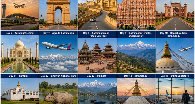 Collage itinerariurooster met verschillende bezienswaardigheden voor een Delhi-Agra-Kathmandu tour.