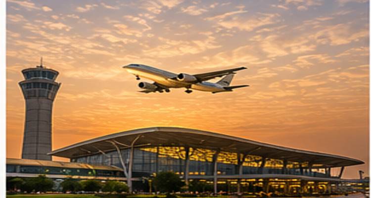 Passagiersvliegtuig dat opstijgt boven een modern terminal bij zonsopgang met warme lucht.