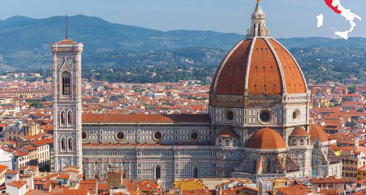Vue aérienne de la cathédrale de Florence avec une petite carte de l'Italie en incrustation dans le coin