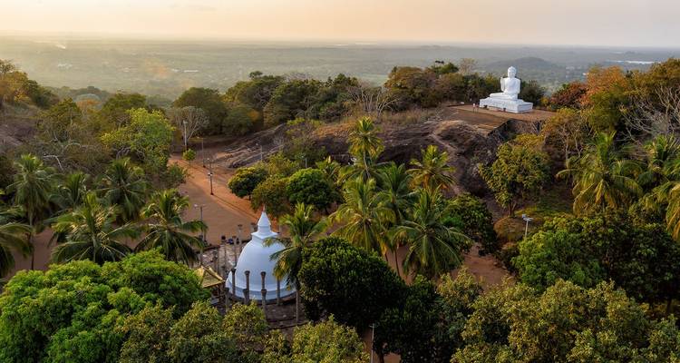 Stupa blanc au sommet de la colline et statue de Bouddha assis entourés de palmiers au coucher du soleil.