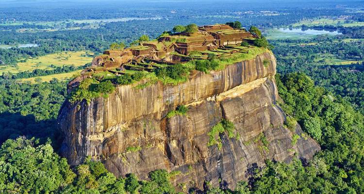 Vue aérienne ensoleillée de la Forteresse du Rocher de Sigiriya entourée d'une jungle sans fin et de rizières.