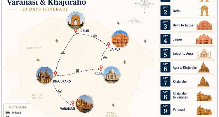 Illustrierte Routenkarte für eine 10-Tage-Reise nach Delhi, Agra, Jaipur, Varanasi und Khajuraho.
