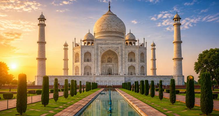Goldener Sonnenaufgang, der das Taj Mahal und seine Spiegelung im zentralen Becken beleuchtet.