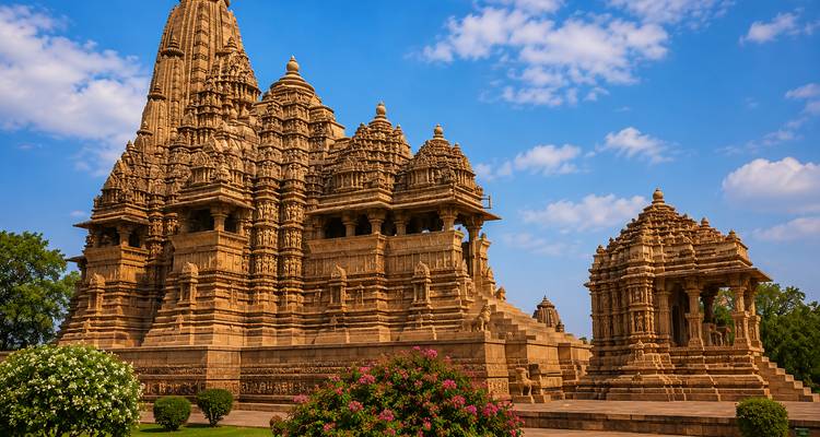 Aufwändig geschnitzte Sandsteintempel von Khajuraho vor einem lebendigen blauen Himmel.
