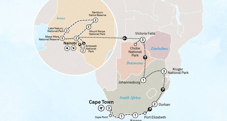 Mapa completo de la ruta de safari de Ciudad del Cabo a Nairobi con múltiples recuadros e iconos.