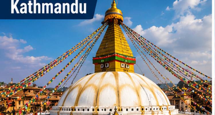 Foto der Boudhanath Stupa mit fetter Kathmandu-Textüberlagerung.