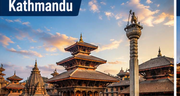 Historische Tempel von Kathmandu mit grossem Textoverlay, das den Stadtnamen anzeigt.