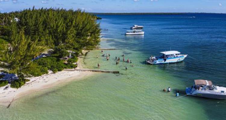 Les bateaux sont ancrés près d'eaux peu profondes et cristallines où les visiteurs pataugent depuis une plage de sable bordée de pins.