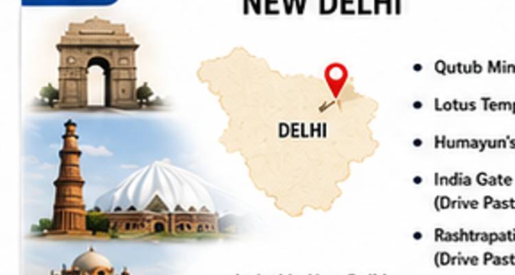Tourfolie mit Sehenswürdigkeiten von Neu-Delhi mit einer kleinen Bundeslandkarte und Symbolen.