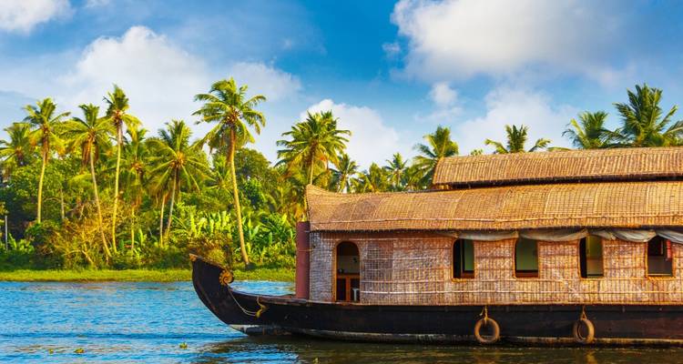 Bote tradicional con techo de paja de Kerala pasando por un canal de agua tranquila bordeado de palmeras en un día soleado.