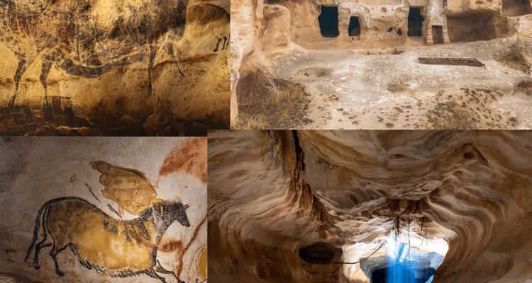 Collage met prehistorische grottekeningen en natuurlijke grotinterieurs met okergele tinten.