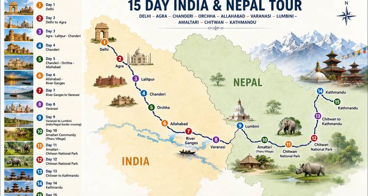 Farbenfrohe illustrierte Routenkarte einer 15-taegigen Indien- und Nepalreise mit Symbolen und Sehenswuerdigkeiten.