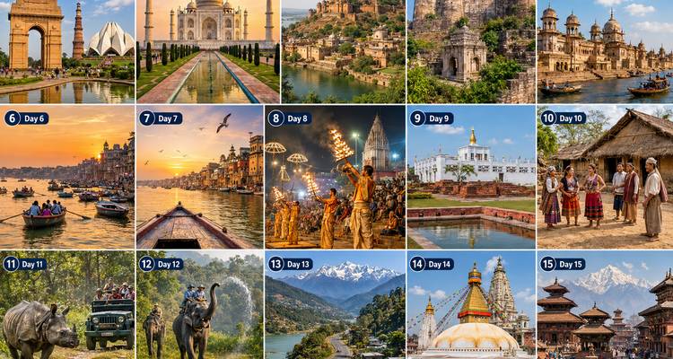 Rastergalerie mit Highlight-Fotos für jeden Tag eines Indien- und Nepal-Reiseablaufs mit Tagesbezeichnungen.