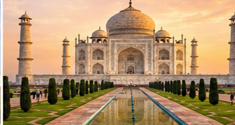 Sonnenunterglanz über dem Taj Mahal mit seiner Spiegelung im langen zentralen Becken.
