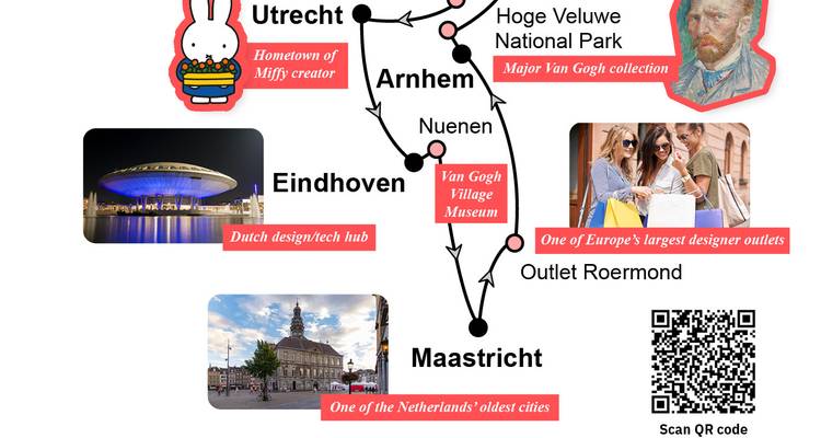 Einfache illustrierte Routenkarte mit Hervorhebung von Utrecht, Arnhem, Eindhoven und Maastricht mit Symbolen und Pfeilen.