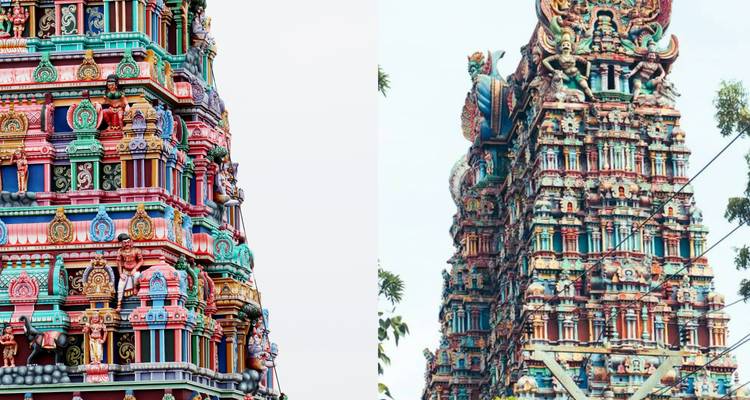 Imágenes lado a lado de dos torres de templo del sur de India coloridas sobre un fondo de cielo blanco.