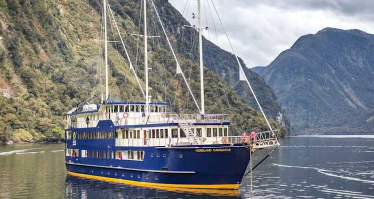Grand navire de croisière de nuit de couleur bleue naviguant dans un fjord paisible entouré de falaises boisées abruptes