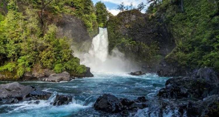 Les puissantes chutes de Petrohué se précipitent à travers des roches volcaniques noires entourées d'une forêt verte luxuriante.