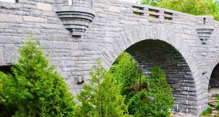 Pont de route en pierre avec voitures et arches décoratives encadré par des arbustes et des arbres verts