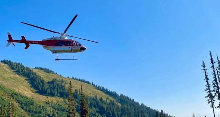 Un hélicoptère survole une pente alpine verdoyante sous un ciel bleu dégagé.