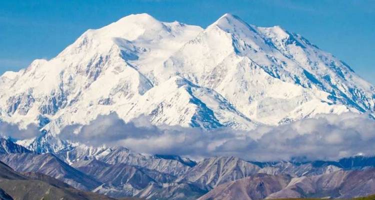 Le massif enneigé du Denali s'élève majestueusement au-dessus des collines ondulantes sous un ciel bleu dégagé