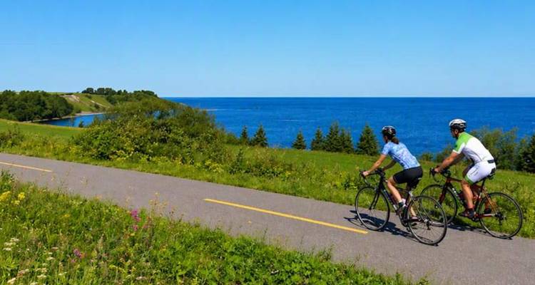 Deux cyclistes roulant le long d'une piste en bord de mer bordée de prairies verdoyantes et de fleurs sauvages