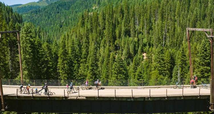 Groupe de cyclistes qui font une pause sur un haut pont à chevalets en bois au milieu de vastes forêts de conifères.