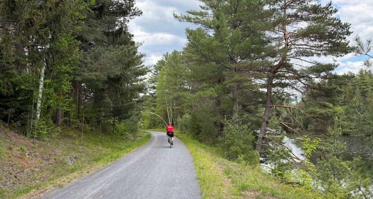 Un cycliste roule le long d'un sentier en gravier ombragé à côté d'un lac forestier sous un ciel nuageux.
