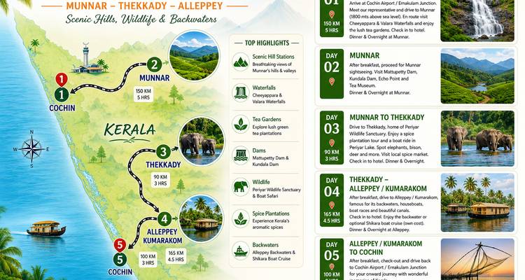 Farbenfrohe illustrierte Routenkarte von Kerala mit Abdeckung von Cochin, Munnar, Thekkady und Alleppey.