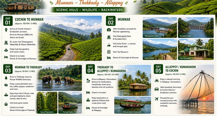 Visuelles Tagesablauf-Reiseplan-Infografik, die Keralas malerische Huegel, Wildnis und Backwaters hervorhebt.