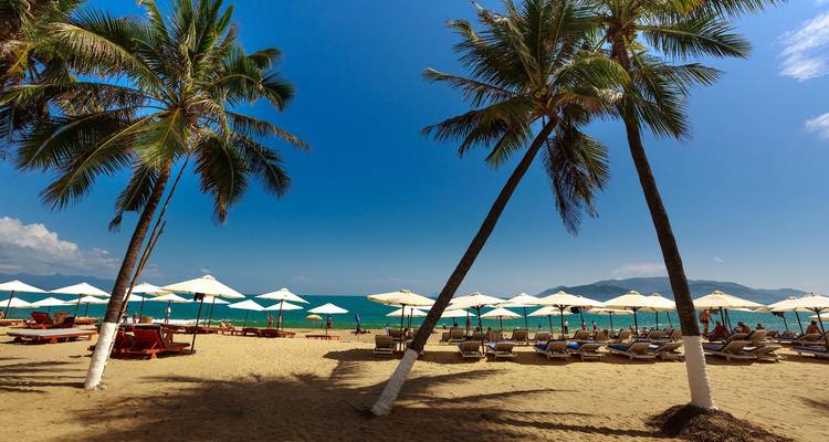Plage de sable blanc bordée de palmiers, de chaises longues et de parasols blancs face à la mer turquoise et aux montagnes lointaines.