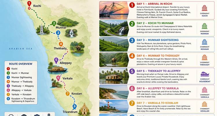 Farblich illustrierte Karte und Reiseverlaufsübersicht für eine 8-tägige Keralareise.