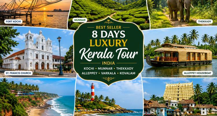Werbekollage mit Text, die eine 8-tägige Luxus-Keralareise mit mehreren Fotos von Reisezielen bewirbt.
