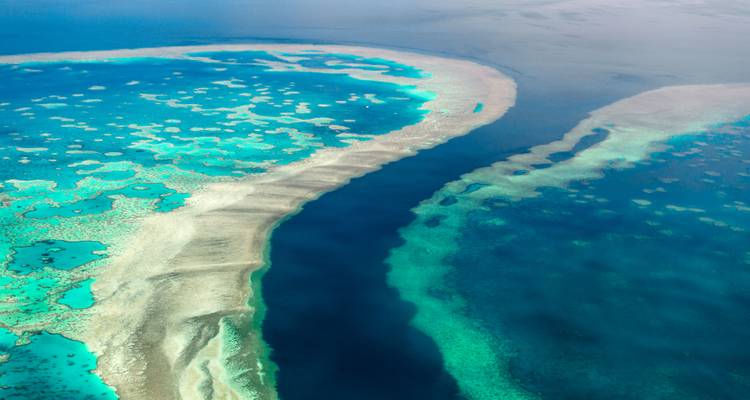 Vue aérienne de vastes chenaux de récifs coralliens avec des dégradés de bleu vif et d'eau turquoise.