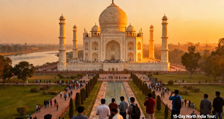 Menschenmengen betrachten das Taj Mahal zur goldenen Stunde mit Tourtext in der Ecke überlagert.
