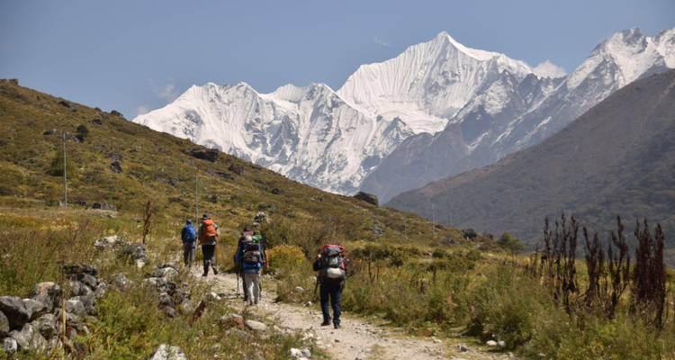 Cuatro excursionistas caminan por un sendero de tierra hacia los espectaculares picos del Himalaya cubiertos de nieve en un día despejado.