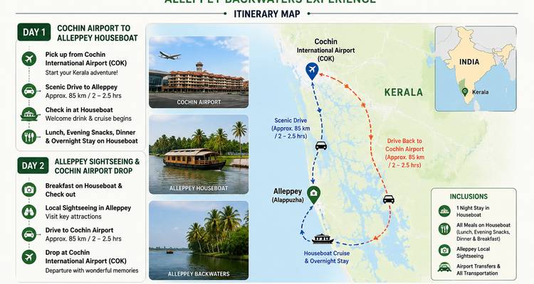 Illustrierte Routenkarte mit detailliertem Überblick über ein Abenteuer in den Alleppey-Backwaters, einschließlich Routen, Fotos und Leistungen.
