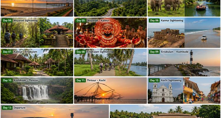 Fotokollagen-Reiseplan mit beschrifteten täglichen Attraktionen und Aktivitäten in Kerala.