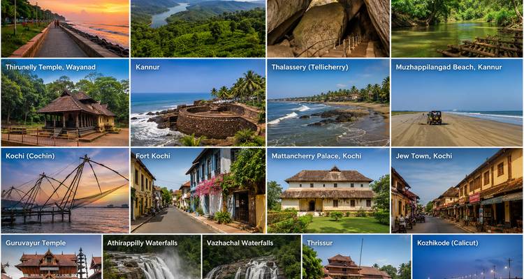 Gitterkollage mit beschrifteten Fotos, die Tempel, Strände, Wasserfälle und Städte in Kerala hervorheben.
