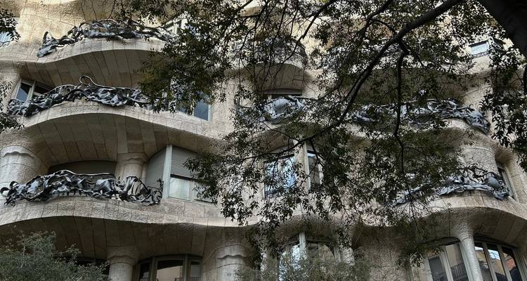 Gros plan des balcons en pierre courbe de la Casa Milà encadrés par des branches feuillu.