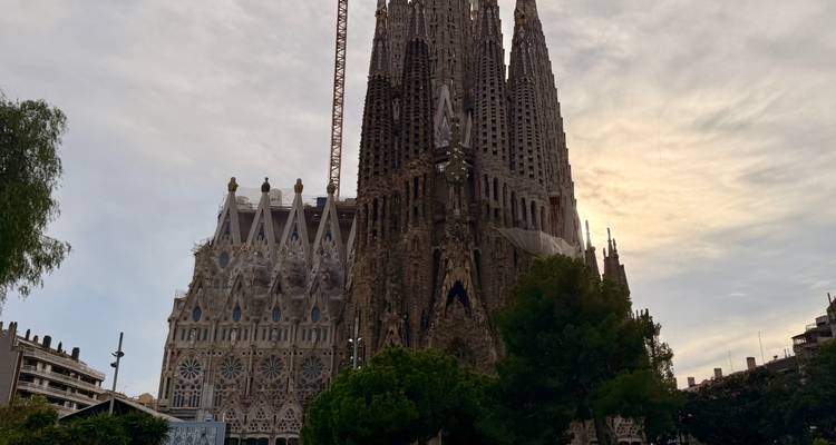 Vue crépusculaire de la Sagrada Família avec des grues de construction se détachant en silhouette contre un ciel pastel.