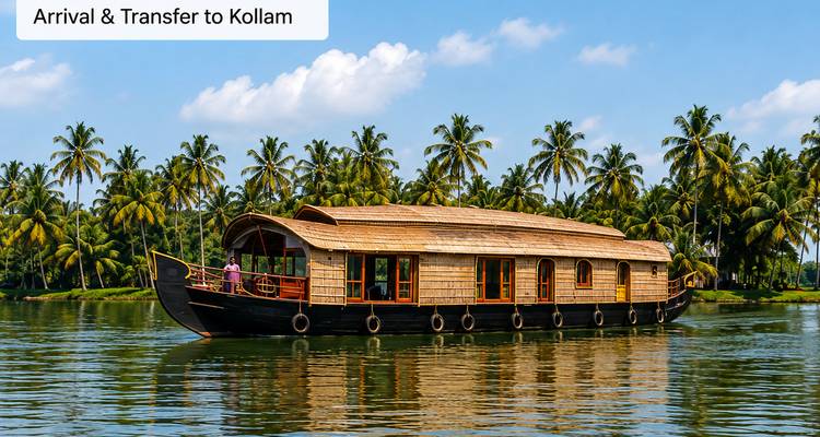 Traditionelles Hausboot aus Holz, das auf den ruhigen Backwaters von Kerala gleitet, die von Palmen gesäumt sind.