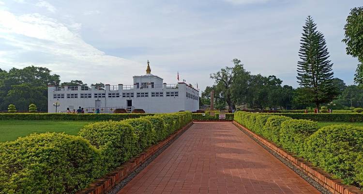 Chemin pavé de briques menant au Temple Mayadevi à Lumbini avec des haies taillées et une flèche de stupa